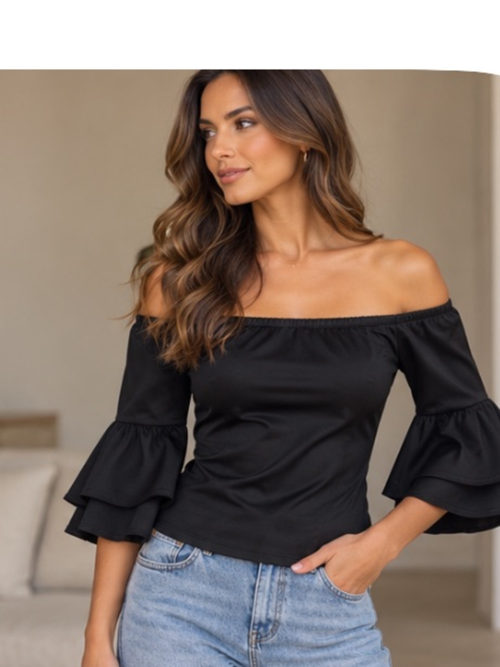 Anne Fontaine Off-Shoulder Black Ruffle Sleeve Top - Women's Fashion worn once